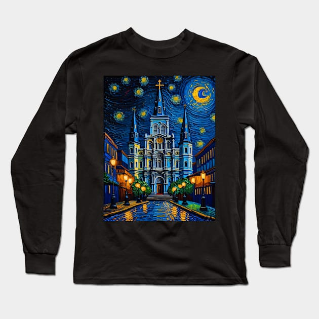 St. Louis Cathedral in starry night Long Sleeve T-Shirt by FUN GOGH